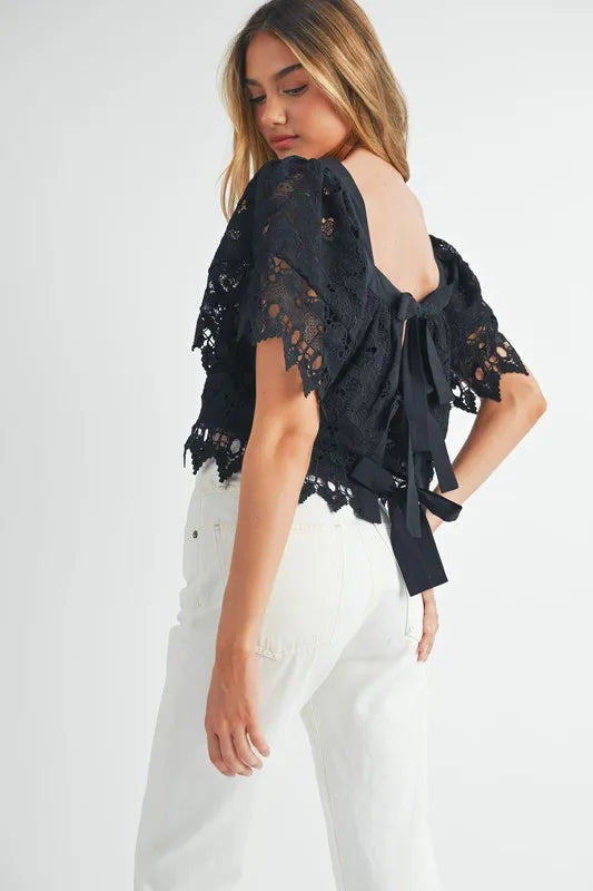 Square Neck Crochet Lace Top With Double Bow Tie – outfit idea for women | Ro + Ivy