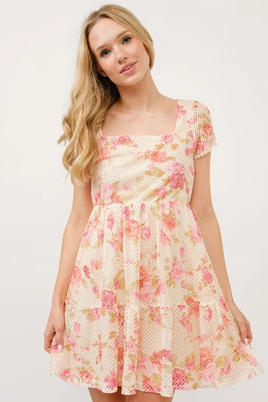 Square Neck Tiered Floral Fishnet Mini Dress – Multi outfit idea for women | Ro + Ivy
