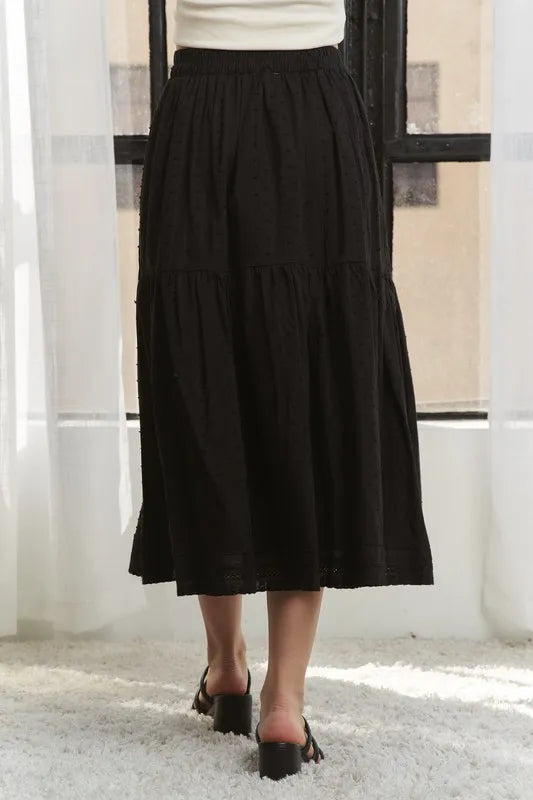 Elastic Waistband Tiered Midi Skirt – outfit idea for women | Ro + Ivy