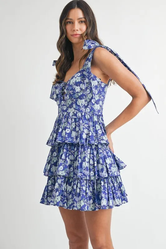 Floral Print Shoulder Tie Layered Mini Dress – outfit idea for women | Ro + Ivy