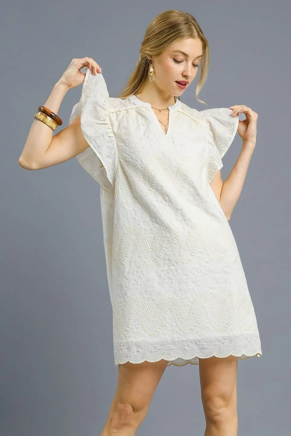 Scalloped Hem Embroidered Mini Dress – outfit idea for women | Ro + Ivy