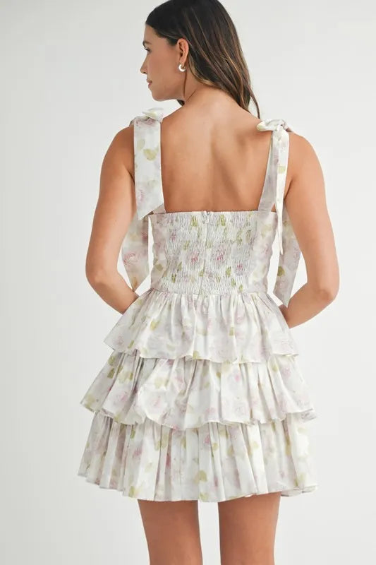 Floral Print Shoulder Tie Layered Mini Dress – outfit idea for women | Ro + Ivy