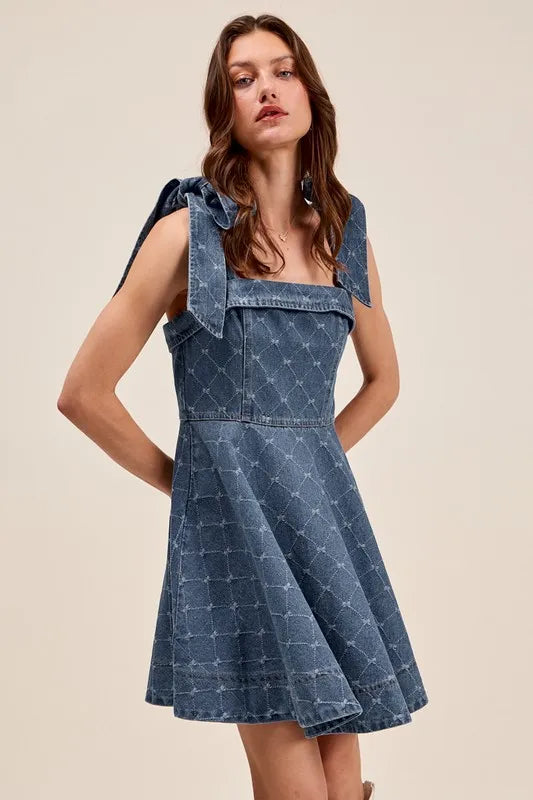 A Line Fit And Flare Diamond Bow Ribbon Denim Dress – outfit idea for women | Ro + Ivy