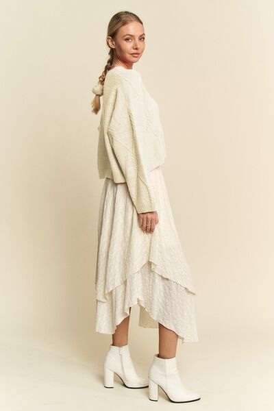 Diamond Cable Pattern Drop Shoulder Sweater in Ivory Trendy Sweaters Outfit Idea for Women | Ro + Ivy