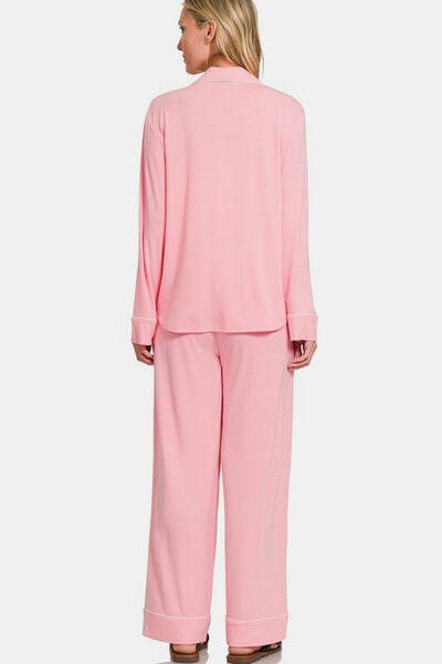 Button Down Long Sleeve Top and Pants Sleepwear Set in Pink - Ro + Ivy