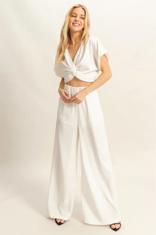 Twisted Front Short Sleeve Top And Wide Leg Pants Set – outfit idea for women | Ro + Ivy