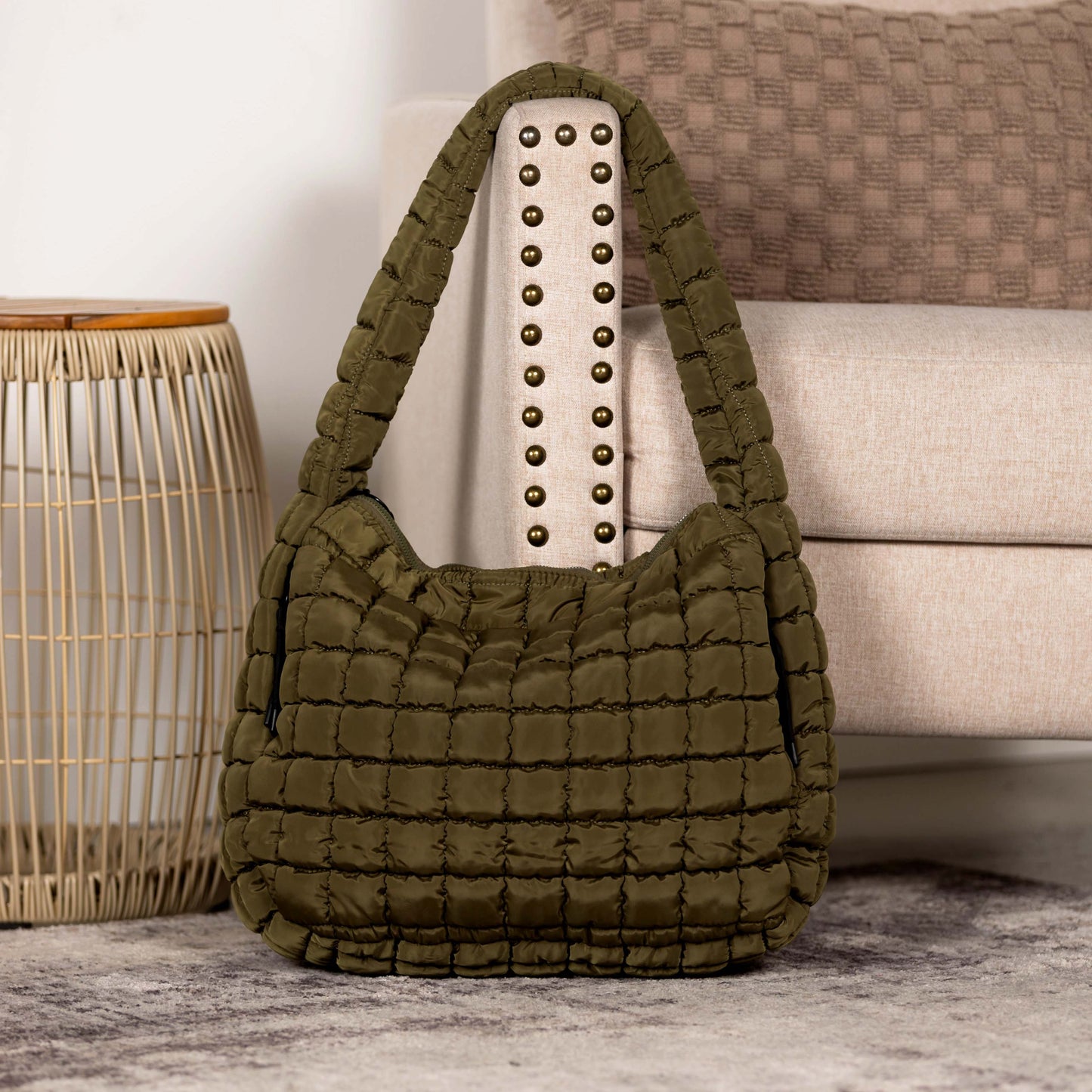 Quilted Puffer Nylon Large Everyday Tote Bag Functional Spacious Casual Style Olive