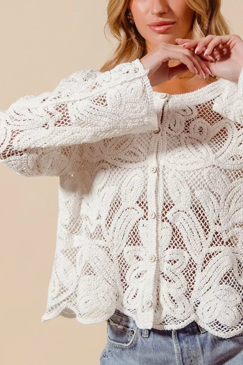 Floral Pattern Button Front Crochet Lace Cardigan — Delicate Lightweight Feminine Layering Style - Cardigans