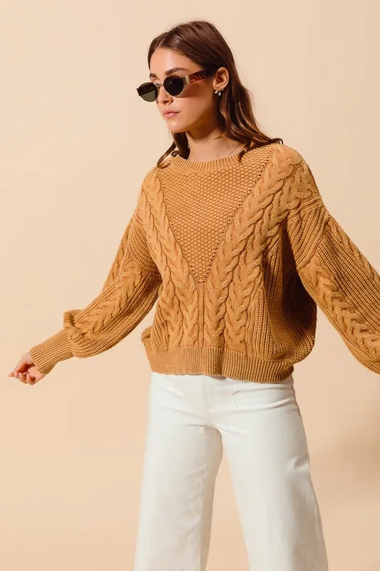 Mineral Washed Loose Fit Textured Cable Sweater – outfit idea for women | Ro + Ivy