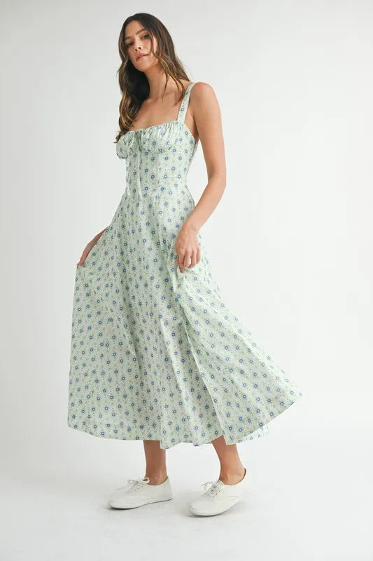 Floral Print Bustier Back Lace Up Midi Dress in Mint – outfit idea for women | Ro + Ivy