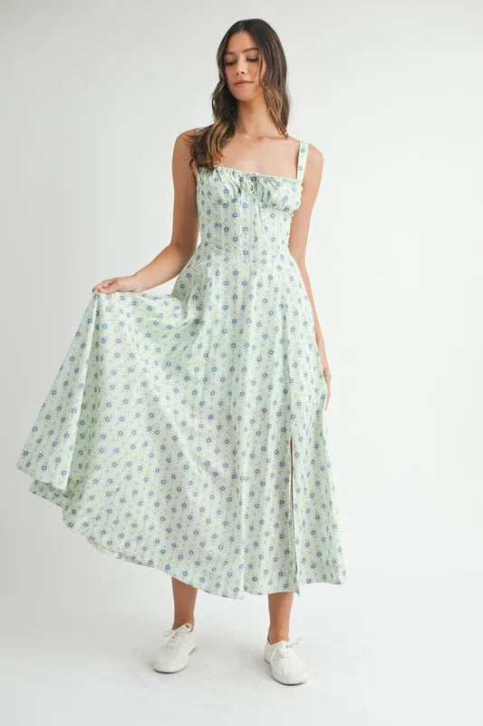 Floral Print Bustier Back Lace Up Midi Dress in Mint – outfit idea for women | Ro + Ivy