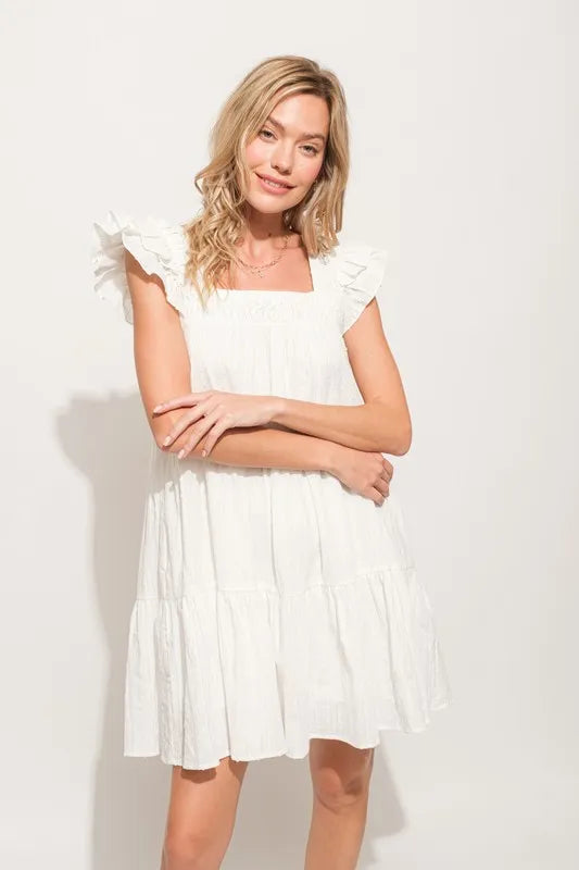 Origami Pleating Ruffled Sleeve Tiered Mini Dress – outfit idea for women | Ro + Ivy