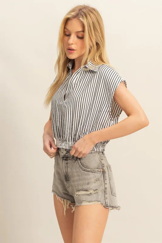Striped Elastic Hem Johnny Collar Cap Sleeve Blouse – outfit idea for women | Ro + Ivy