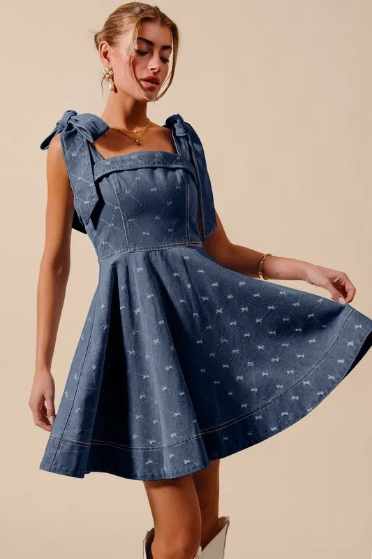 A Line Fit And Flare Diamond Bow Ribbon Denim Dress – outfit idea for women | Ro + Ivy