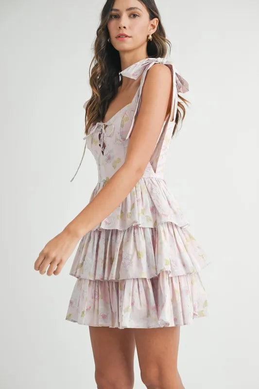 Floral Print Shoulder Tie Layered Mini Dress in Off White – outfit idea for women | Ro + Ivy