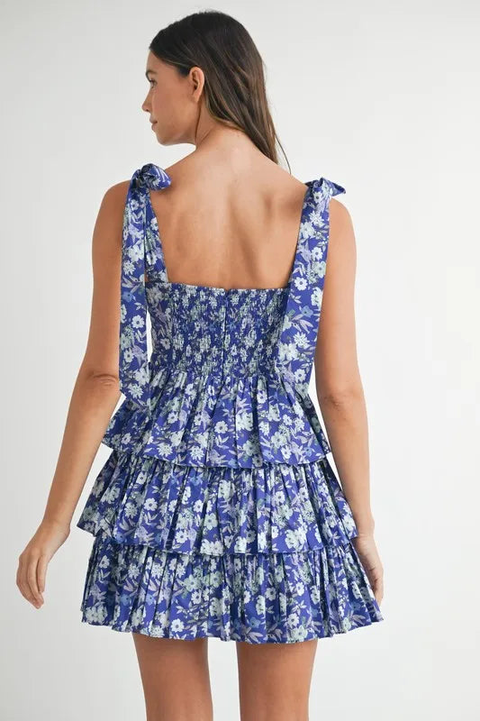 Floral Print Shoulder Tie Layered Mini Dress – outfit idea for women | Ro + Ivy
