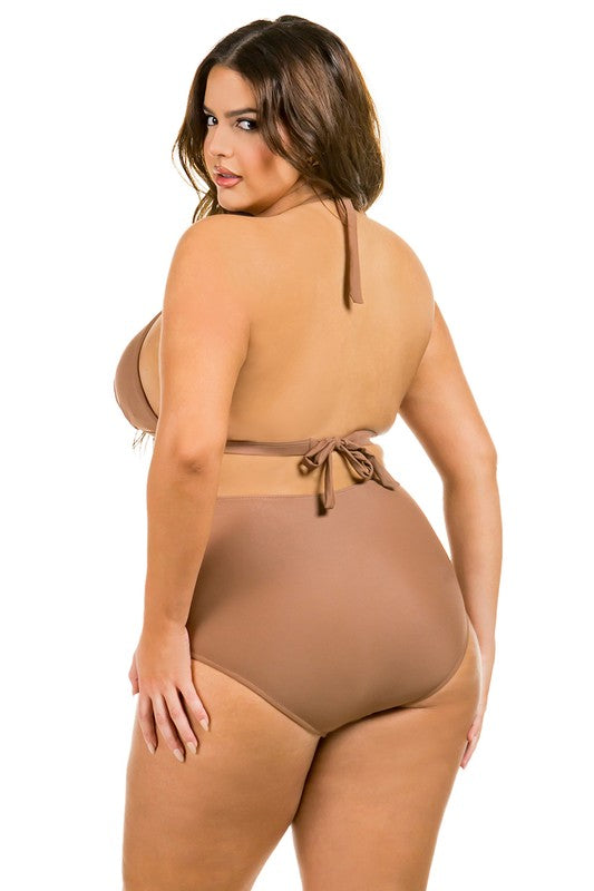 Two Piece High Waist with Ruched Front Swimsuit – outfit idea for women | Ro + Ivy