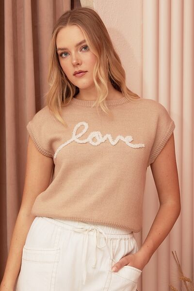 Contrast Letter Round Neck Cap Sleeve Knit Top - Ro + Ivy