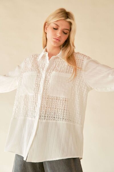 Crinkled Jacquard Button Down Shirt in White - Ro + Ivy