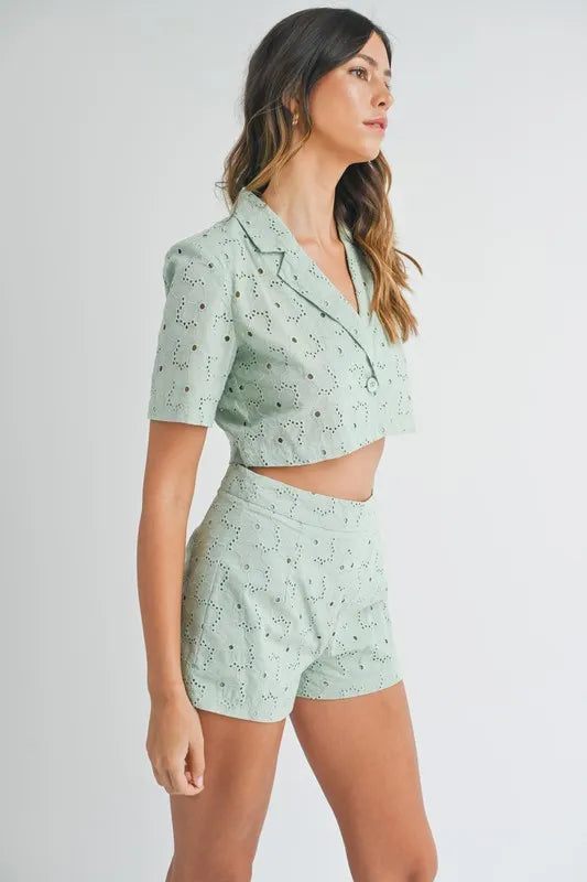 Eyelet Short Sleeve Crop Top And Shorts Set – outfit idea for women | Ro + Ivy