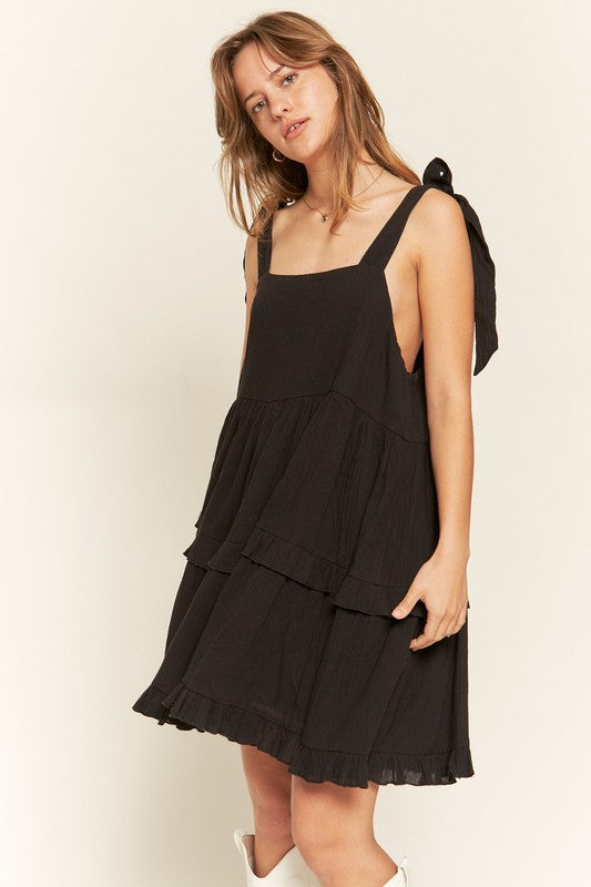 Square Neck Tiered Ruffle Bow Ties Mini Dress – outfit idea for women | Ro + Ivy