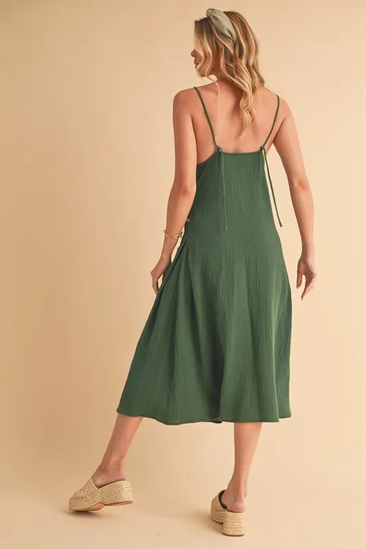 Side Button Cami Midi Dress in Emerald – outfit idea for women | Ro + Ivy