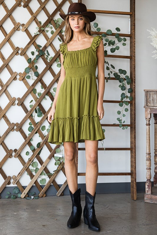 Ruched Waist Ruffled Sleeveless Knee Length Dress – outfit idea for women | Ro + Ivy