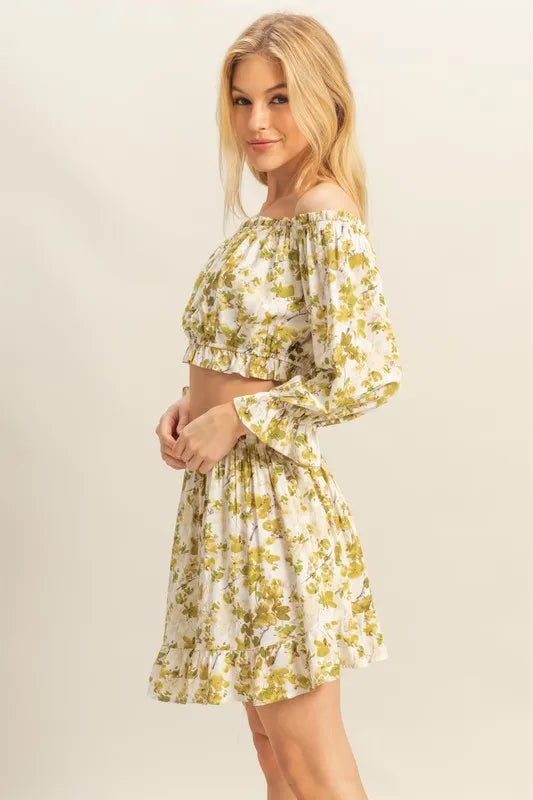 Floral Off-Shoulder Flounce Sleeve Top And Skirt Set – outfit idea for women | Ro + Ivy