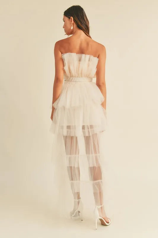Tulle Tube Ruffle Crop Top And High Low Maxi Skirt Set – outfit idea for women | Ro + Ivy