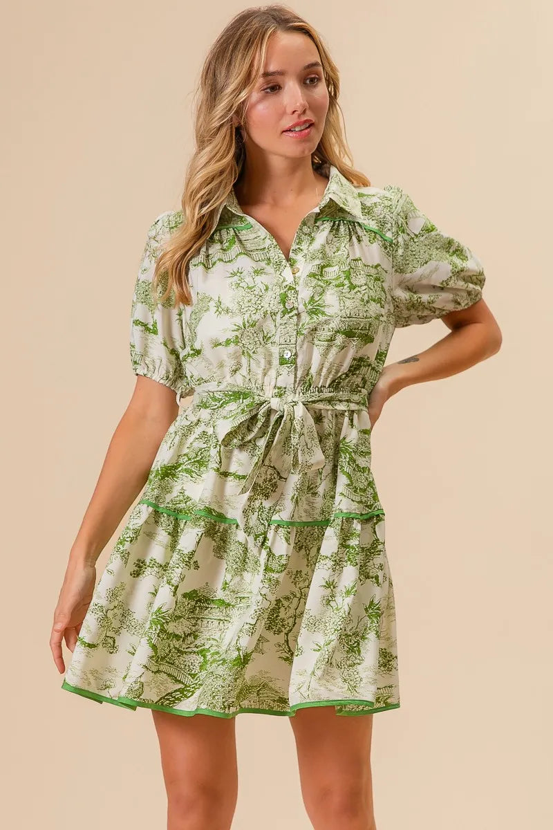 Woven Printed Tiered Mini Dress – outfit idea for women | Ro + Ivy