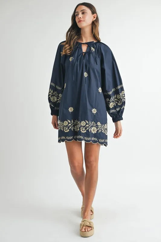 Embroidered Long Sleeve Peasant Mini Dress – outfit idea for women | Ro + Ivy