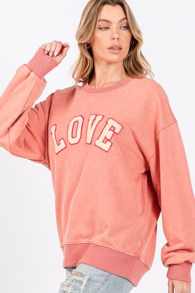 LOVE Path Applique Drop Shoulder Sweatshirt in Pink Orange Trendy Sweatshirts Outfit Idea for Women | Ro + Ivy