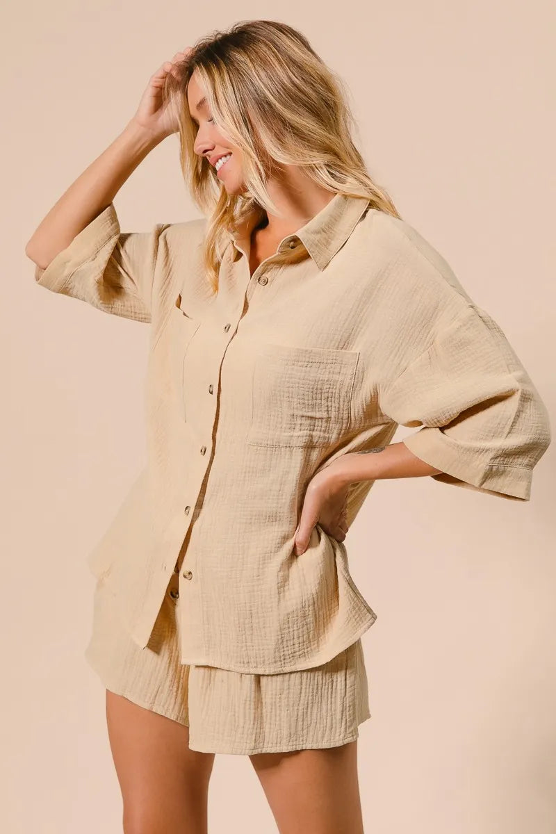 Crinkle Gauze Shirt And Short Set – outfit idea for women | Ro + Ivy