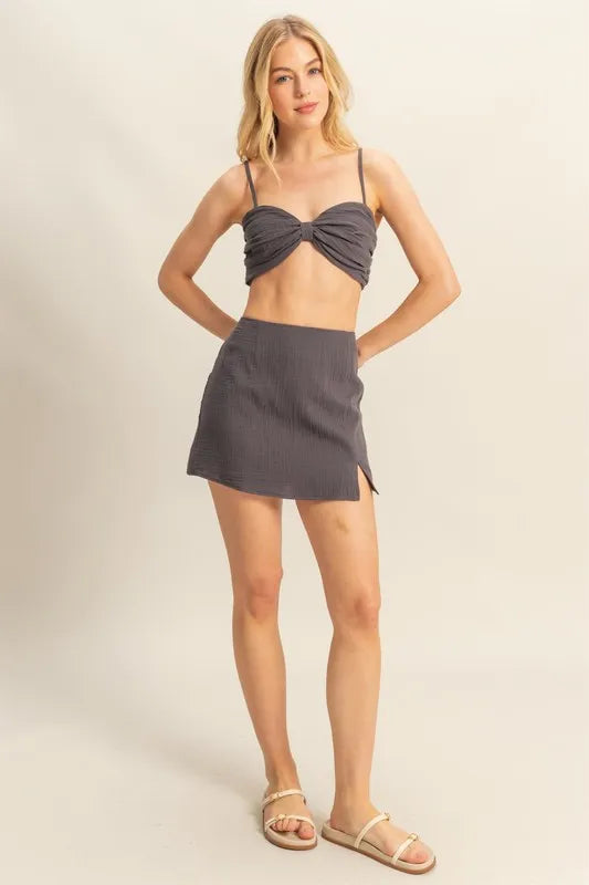 Ruched Bra Top And Mini Skirt Set – CHARCOAL outfit idea for women | Ro + Ivy