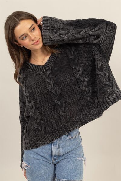 Cable Knit V-Neck Dropped Shoulder Oversized Sweater - Ro + Ivy