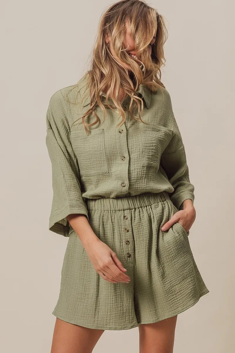 Crinkle Gauze Shirt And Short Set – outfit idea for women | Ro + Ivy