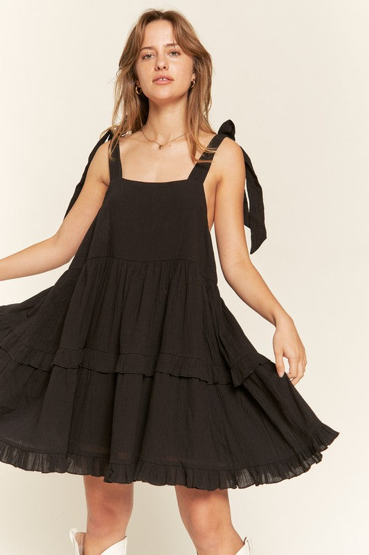 Square Neck Tiered Ruffle Bow Ties Mini Dress – outfit idea for women | Ro + Ivy