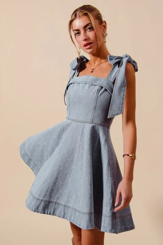 A Line Fit And Flare Diamond Bow Ribbon Denim Mini Dress – outfit idea for women | Ro + Ivy