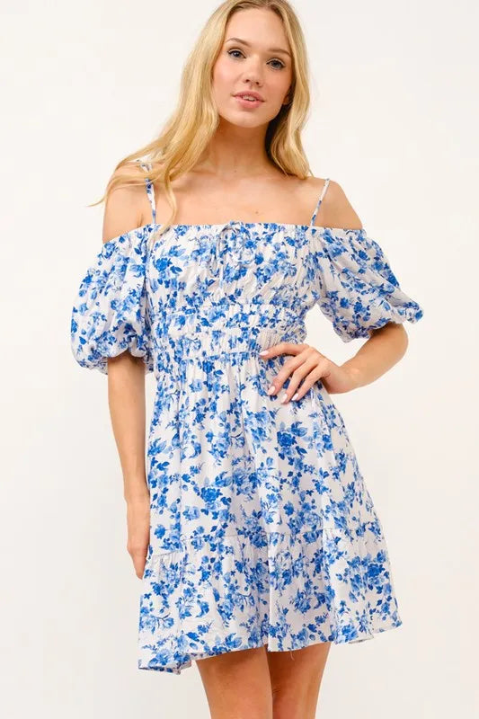 Off Shoulder Bubble Sleeve Mini Dress – outfit idea for women | Ro + Ivy
