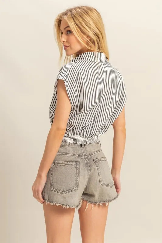 Striped Elastic Hem Johnny Collar Cap Sleeve Blouse – outfit idea for women | Ro + Ivy