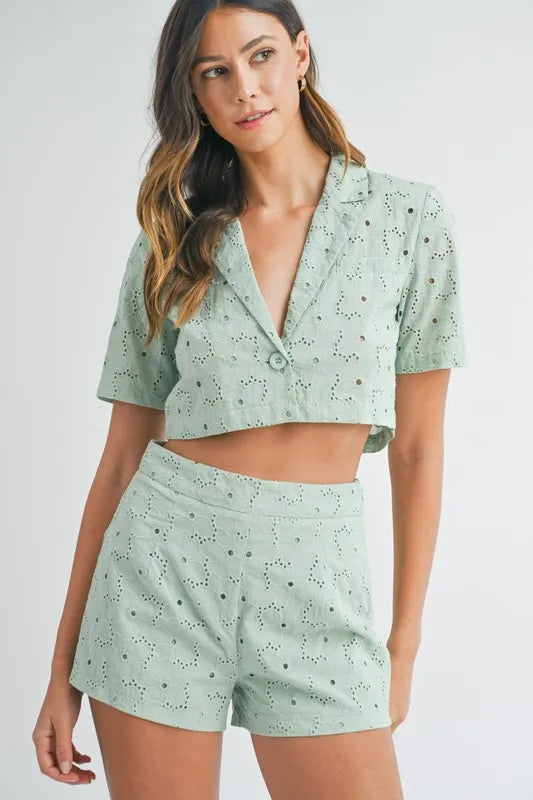 Eyelet Short Sleeve Crop Top And Shorts Set – outfit idea for women | Ro + Ivy