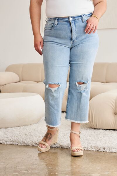 Full Size Tummy Control High Waist Raw Hem Distressed Jeans Trendy Jeans Outfit Idea for Women | Ro + Ivy
