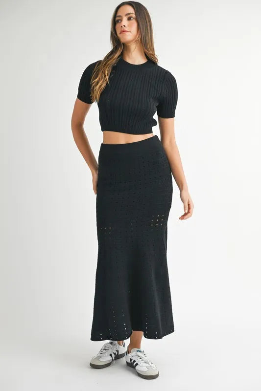 Pointelle Short Sleeve Crop Top And Slit Skirt Sweater Set – outfit idea for women | Ro + Ivy