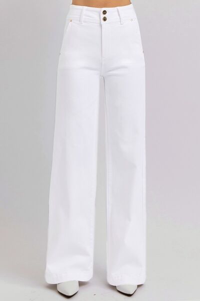 Full Size Tummy Control Double Button Wide Leg Jeans Trendy Jeans Outfit Idea for Women | Ro + Ivy