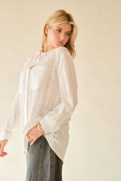 Crinkled Jacquard Button Down Shirt in White - Ro + Ivy