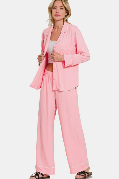 Button Down Long Sleeve Top and Pants Sleepwear Set in Pink - Ro + Ivy