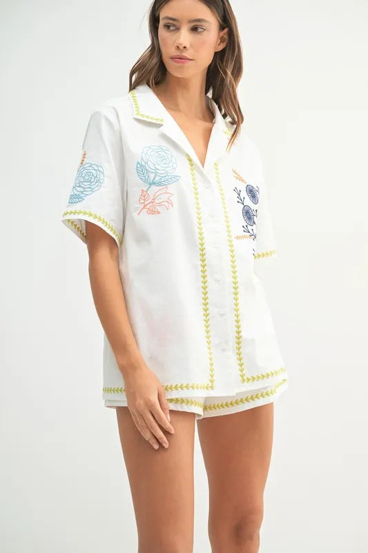 Embroidered Button Down Shirt And Shorts Set – outfit idea for women | Ro + Ivy