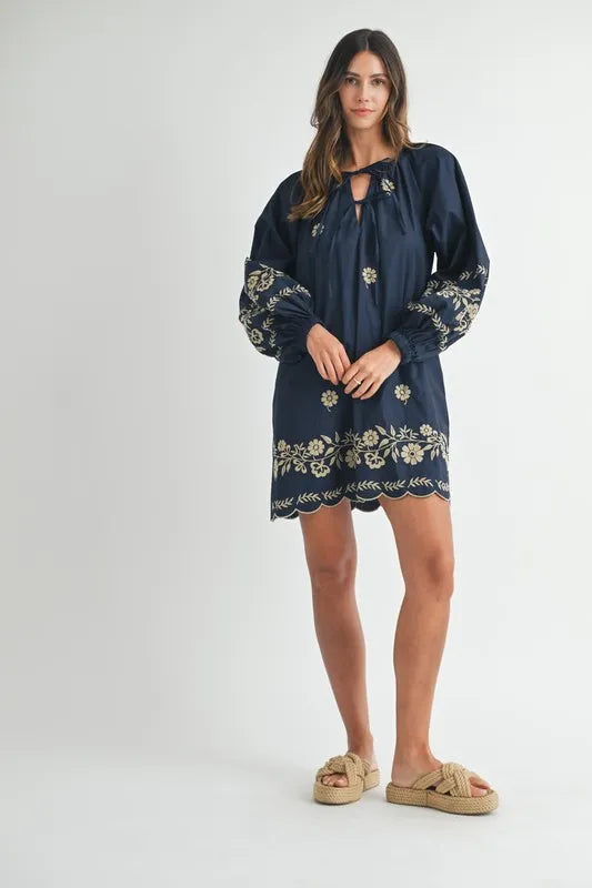 Embroidered Long Sleeve Peasant Mini Dress – outfit idea for women | Ro + Ivy