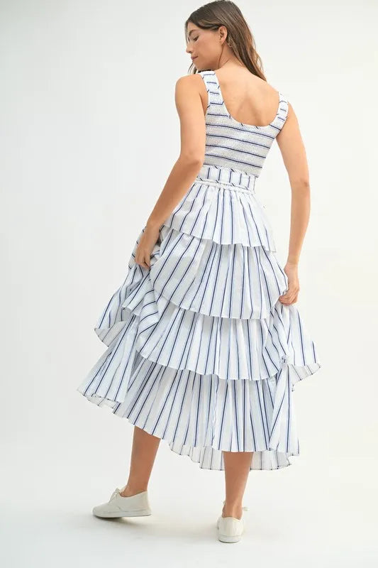 Pin Stripe Smocked Bodice Layered Midi Dress – outfit idea for women | Ro + Ivy