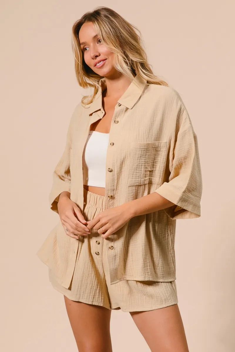 Crinkle Gauze Shirt And Short Set – OATMEAL outfit idea for women | Ro + Ivy